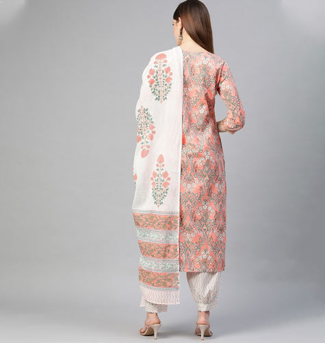 Women Peach-Coloured & Off-White Printed Pure Cotton Kurta with Salwar & Dupatta
